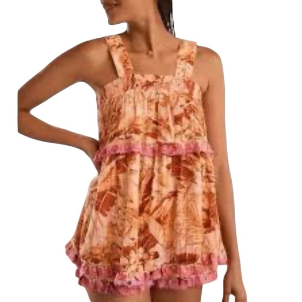 Anthropologie Ruffled Eyelet Tank Orange Pink Floral Size S #1668